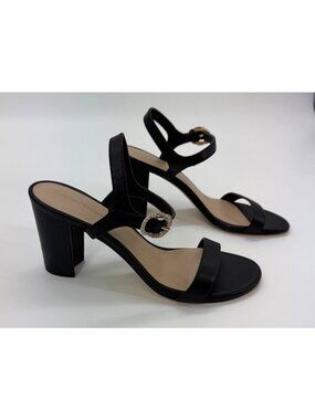 Stuart Weitzman Crystal 75 Black Leather Heeled Sandals With Rhinestone Buckles